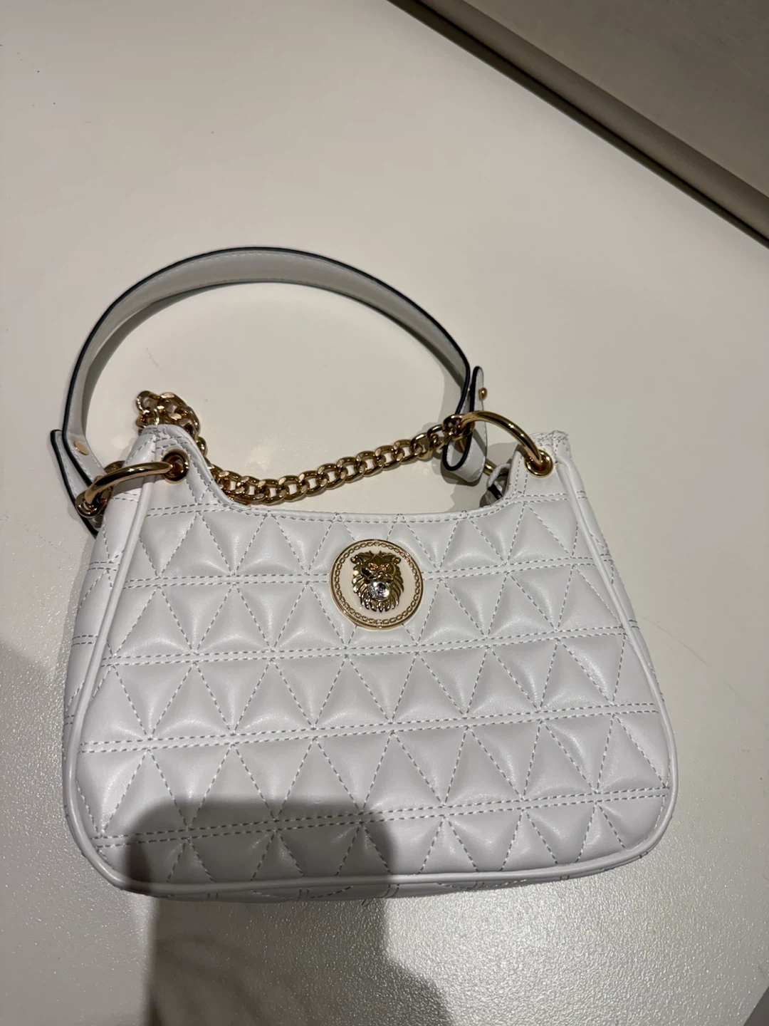 White Quilted Handbag with Gold Chain Strap