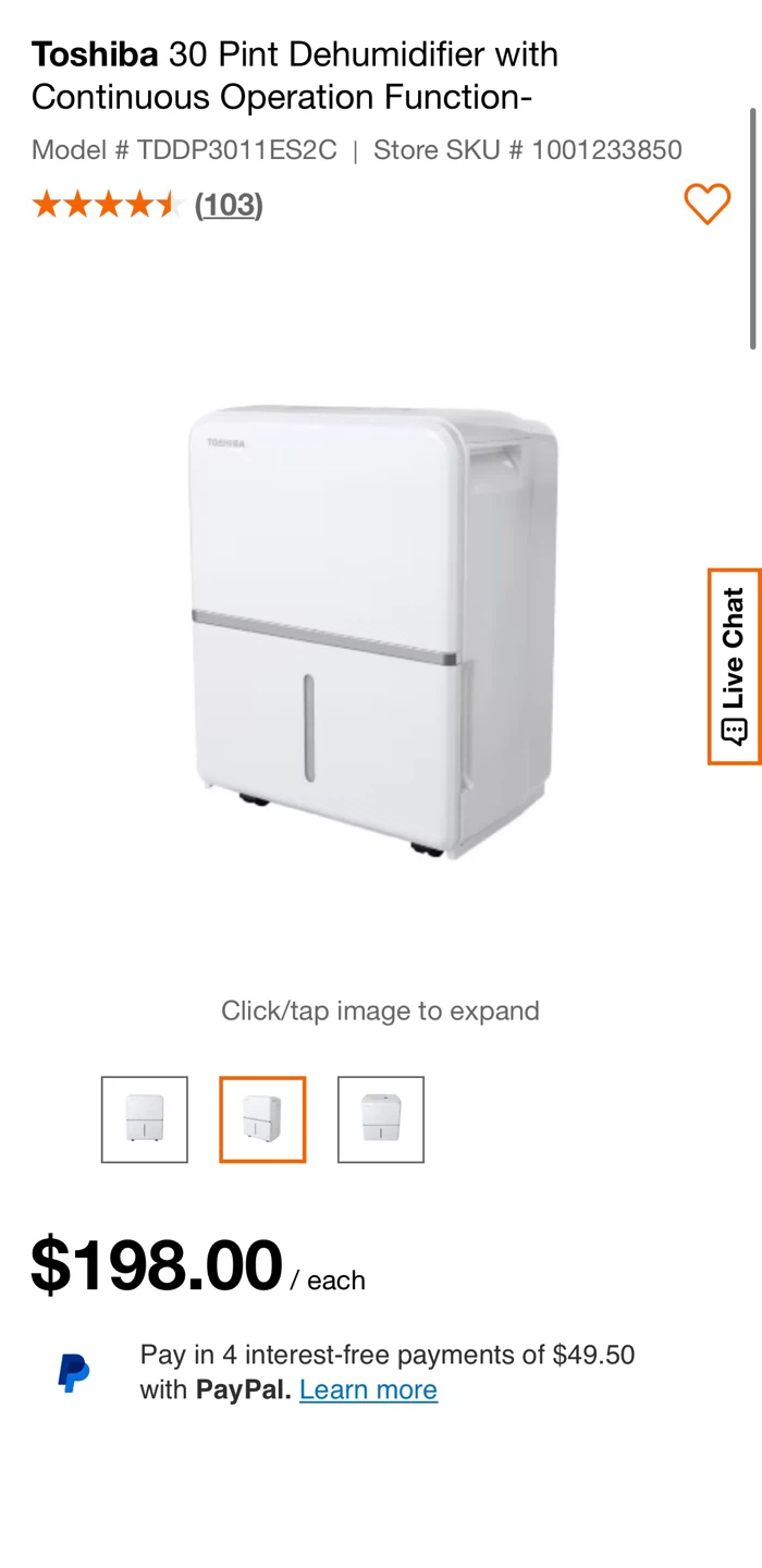 Toshiba 30 Pint Dehumidifier
