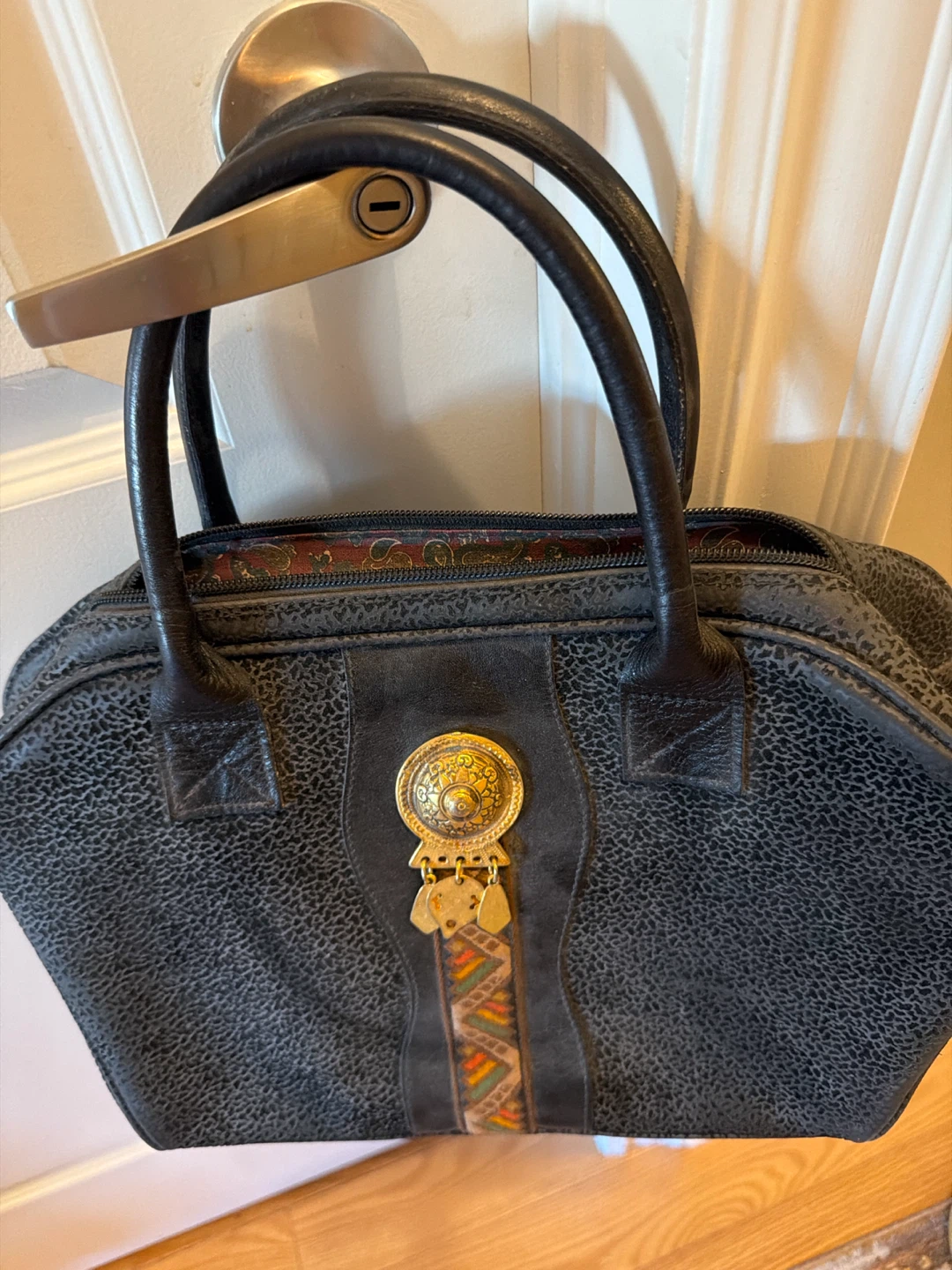 Black Textured Satchel Handbag