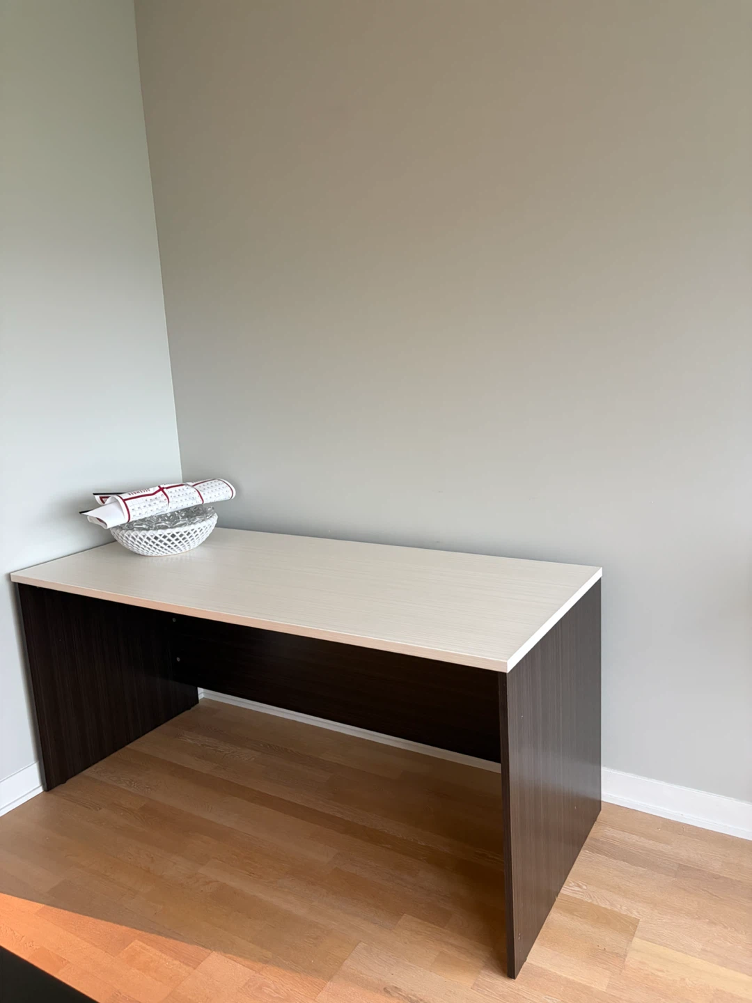 Desk with White Top and Dark Brown Base
