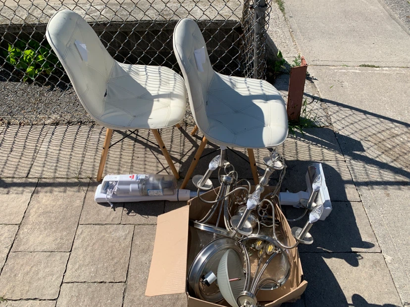 FREE - working Chandelier, ceiling lights, vacuum, and Chairs