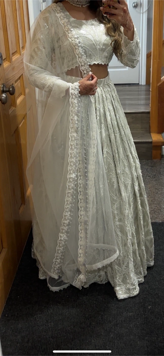 Embellished White Lehenga Choli with Dupatta