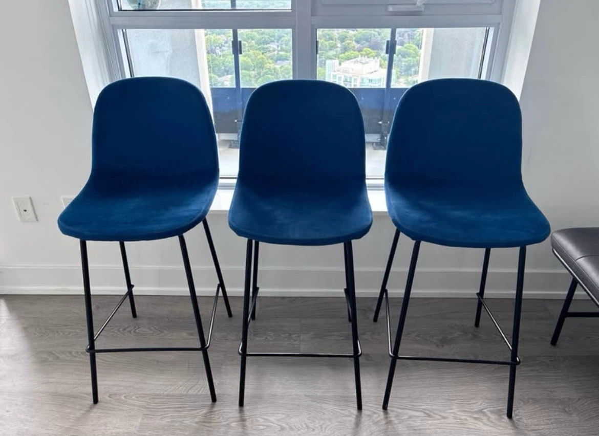 Set of 3 Blue Velvet Bar Stools