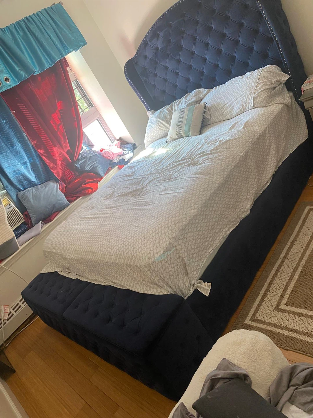 Queen Dark Blue Tufted Upholstered Bed Frame