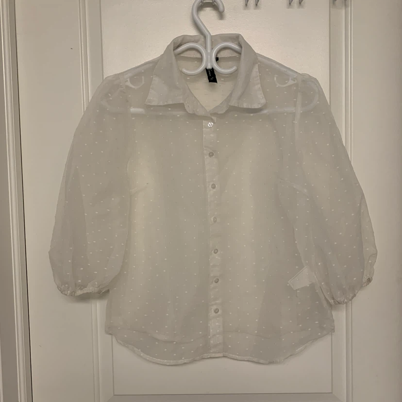 Sheer White Polka Dot Puff Sleeve Blouse