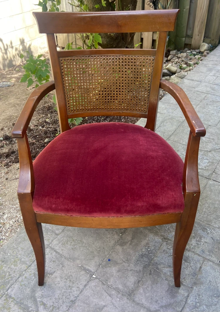 Cane Back Armchair with Burgundy Velvet Seat