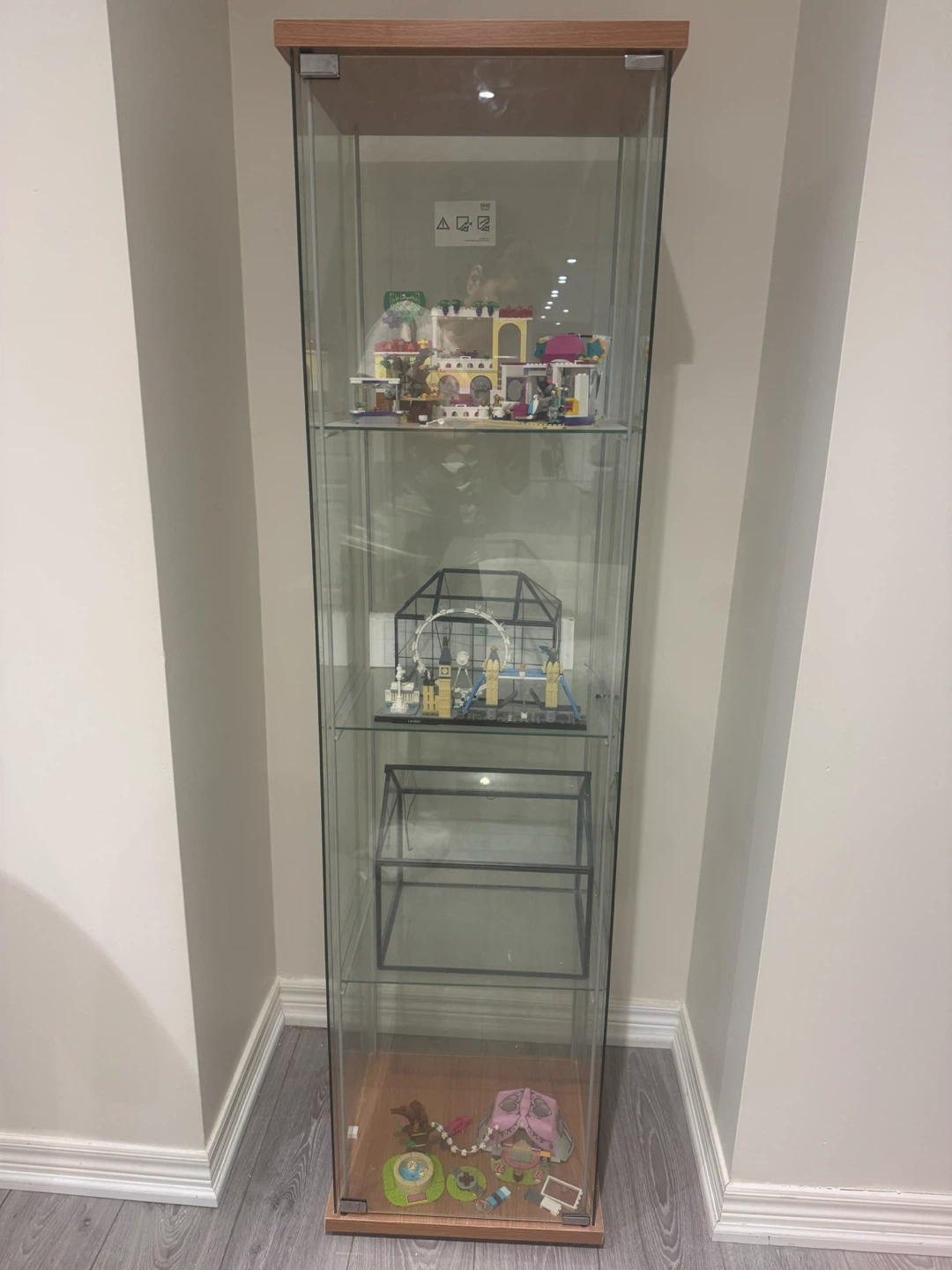 Glass Display Cabinet with Wooden Top and Base
