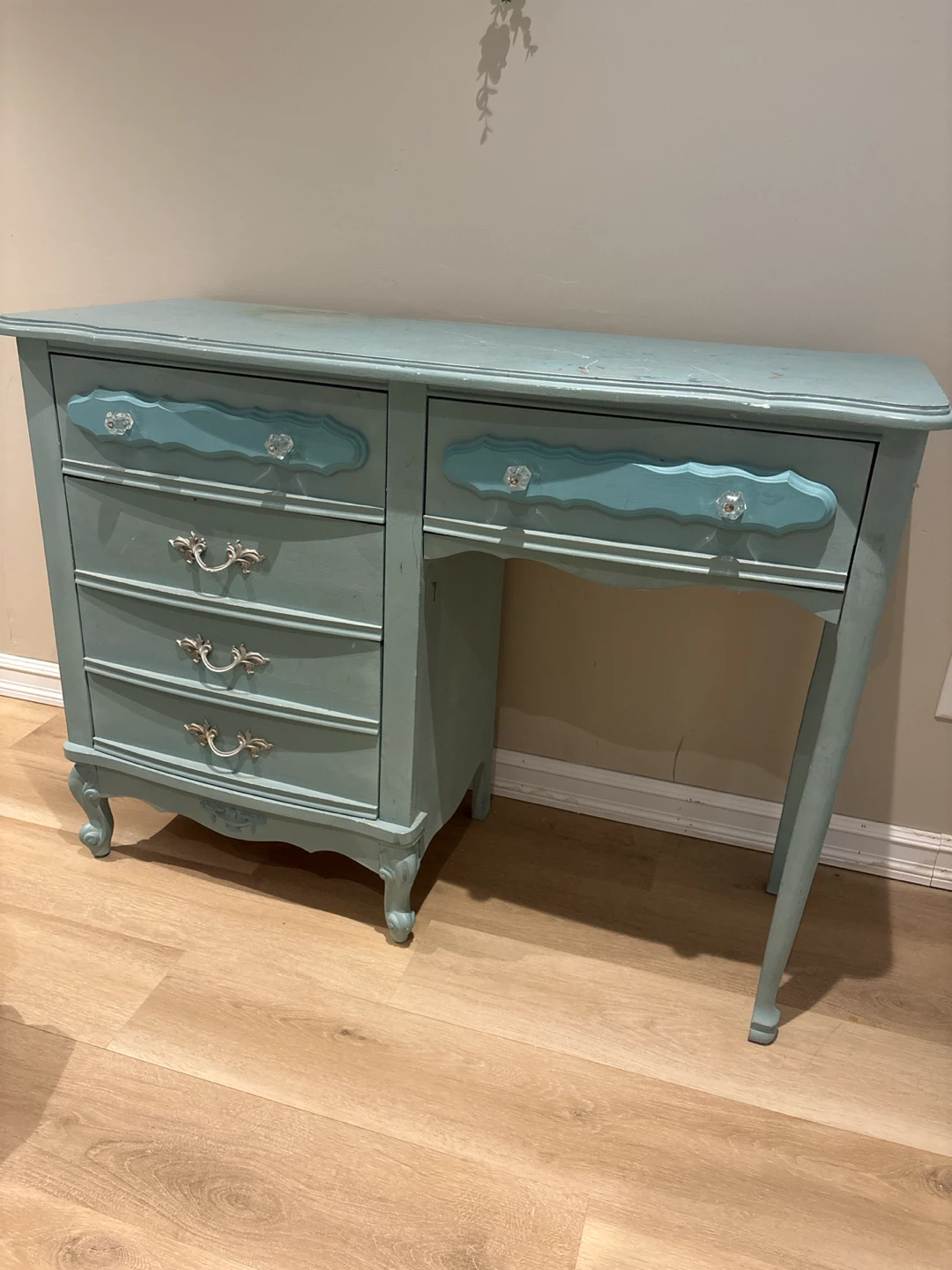 Vintage Blue Desk with Stamp Design