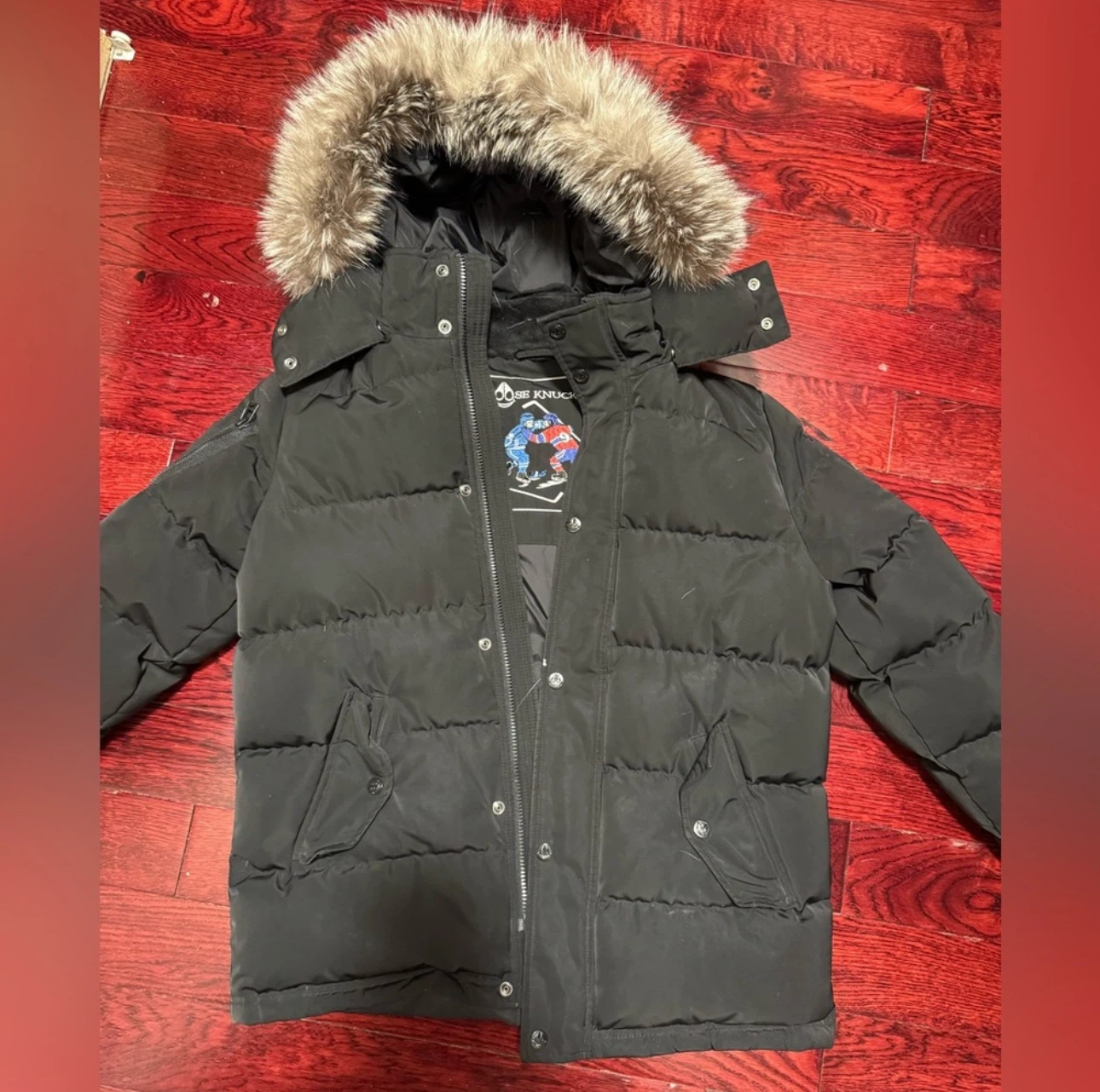 Moose Knuckles Black Puffer Jacket with Fur Hood