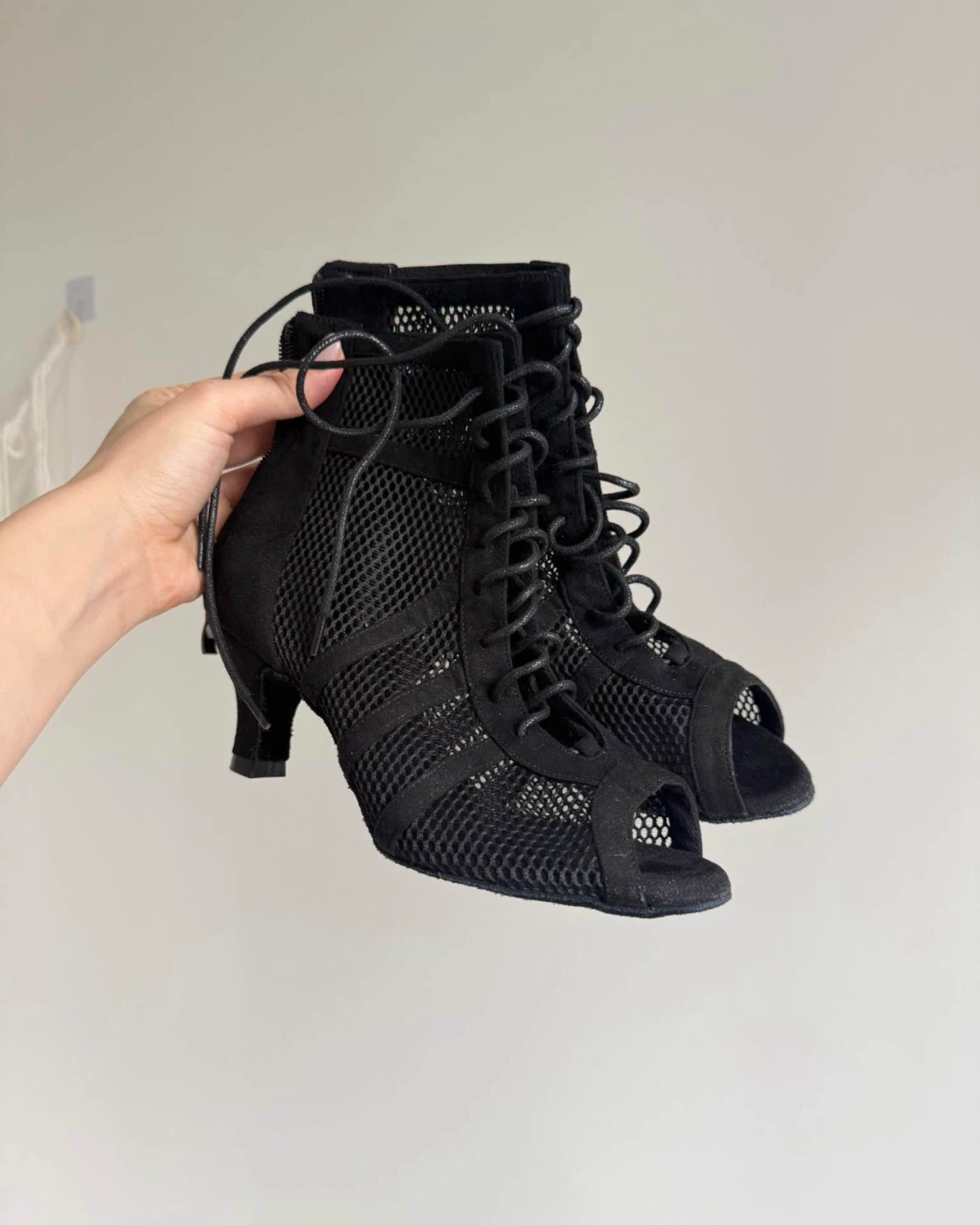 Latina Black Mesh Lace-up Peep-toe Dance Boots
