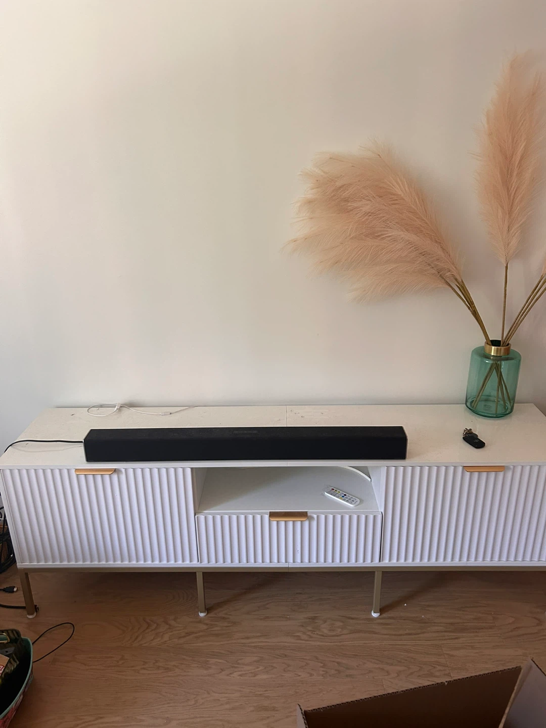 White and gold tv console stand