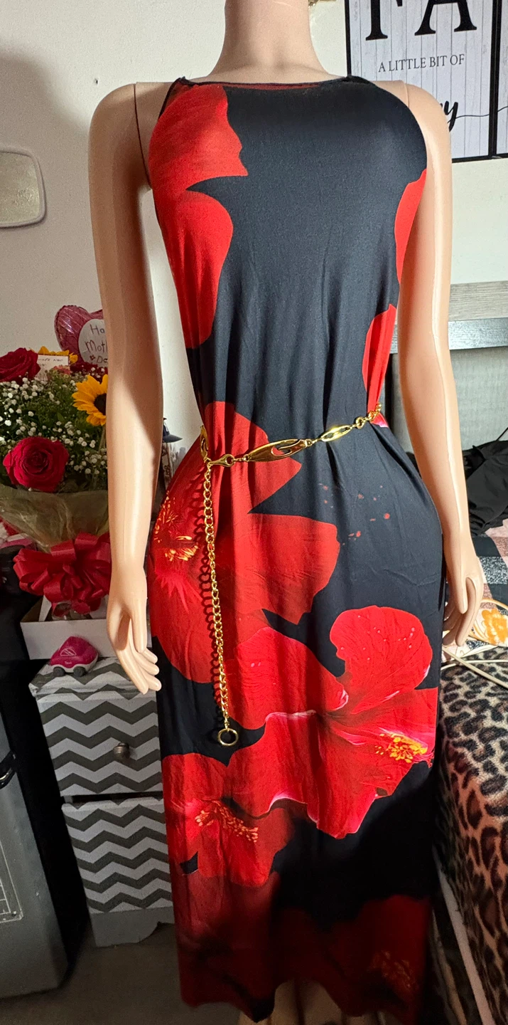Black and Red Floral Maxi Dress with Gold Chain Belt