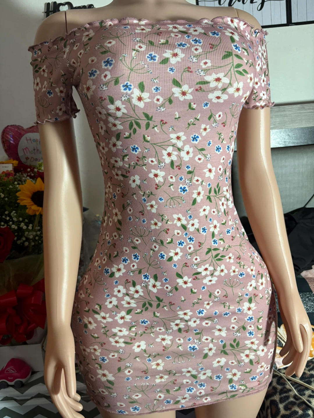 Pink Floral Off-the-Shoulder Mini Dress