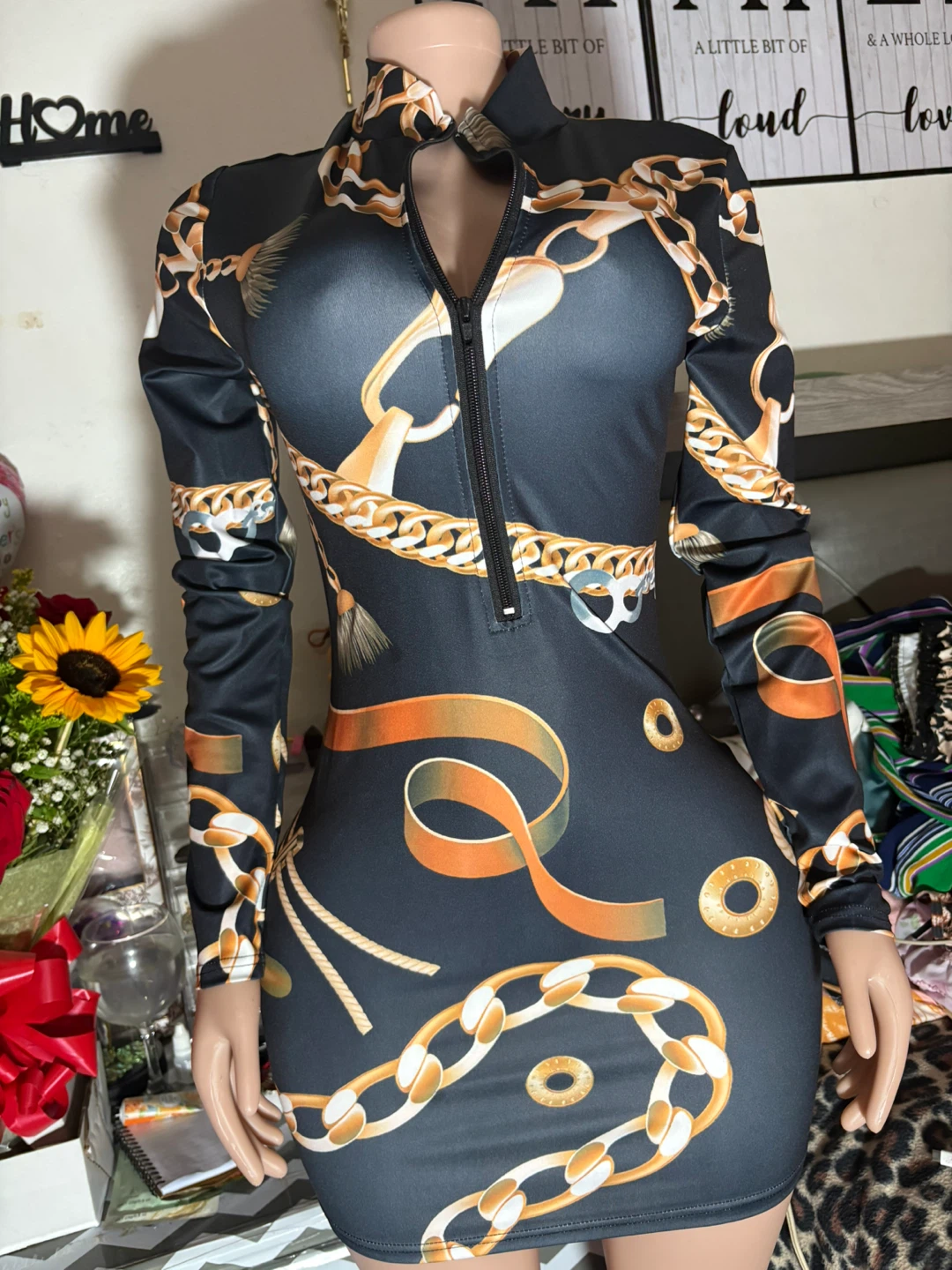 Women's Chain Print Zipper Dress