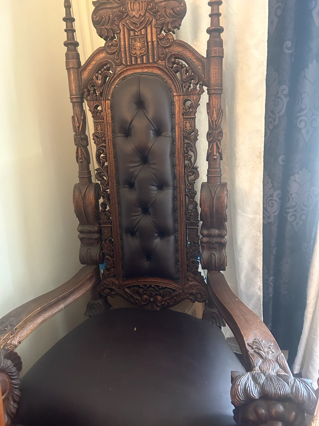 Ornate Wooden Throne Chair with Black Tufted Seat - photo 2