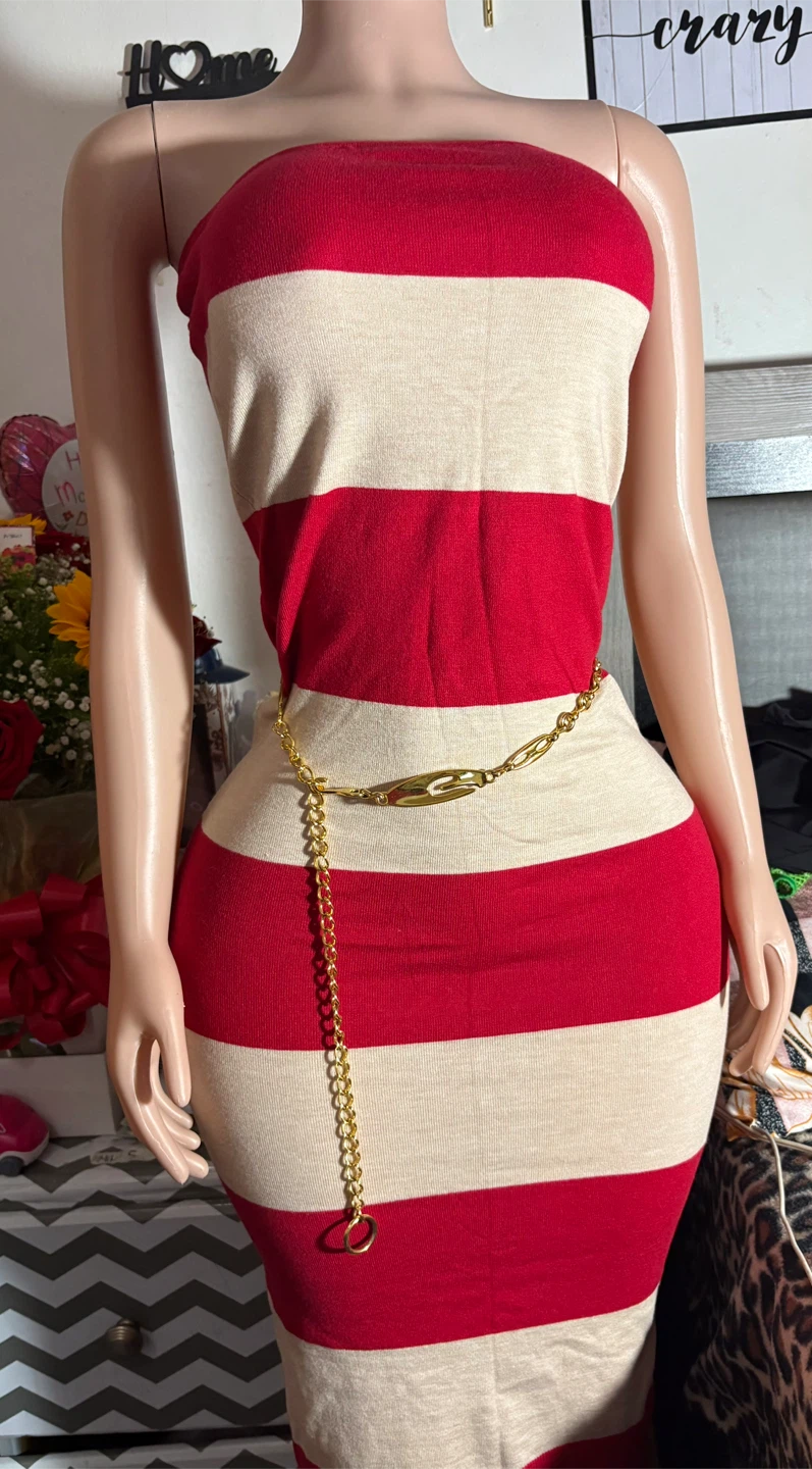 Red and Cream Striped Strapless Dress
