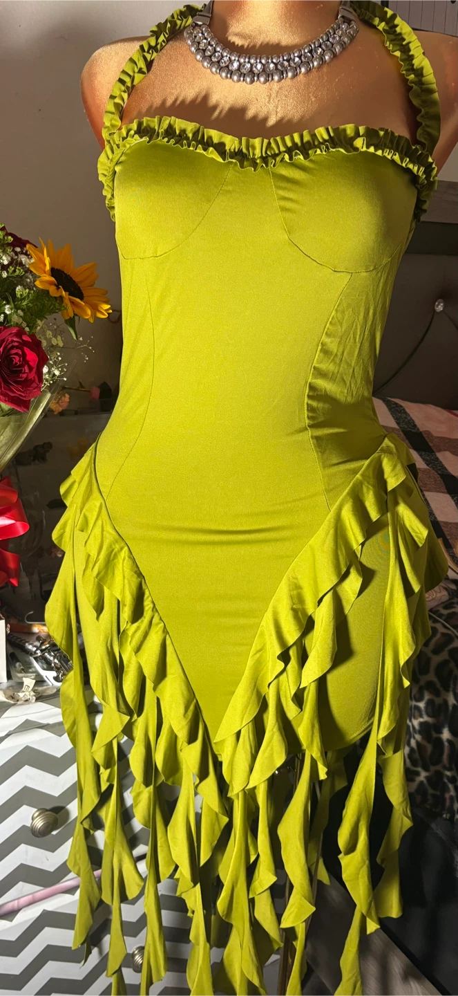 Lime Green Ruffled Halter Dress