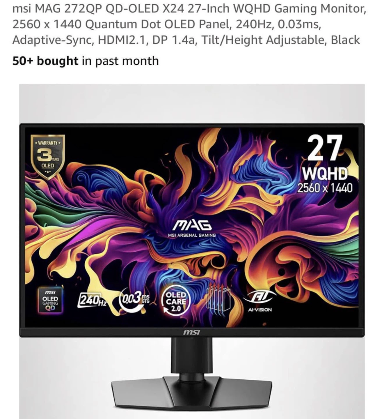 MSI 27" QD-OLED Gaming Monitor – 240Hz, 0.03ms, WQHD