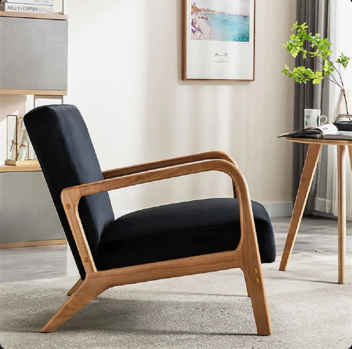Black Velvet Armchair with Wood Frame - photo 3