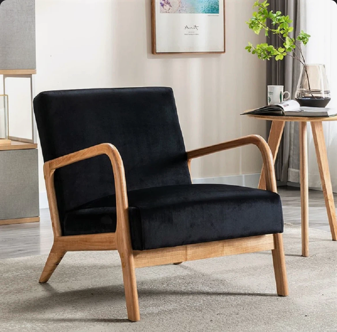 Black Velvet Armchair with Wood Frame - photo 4