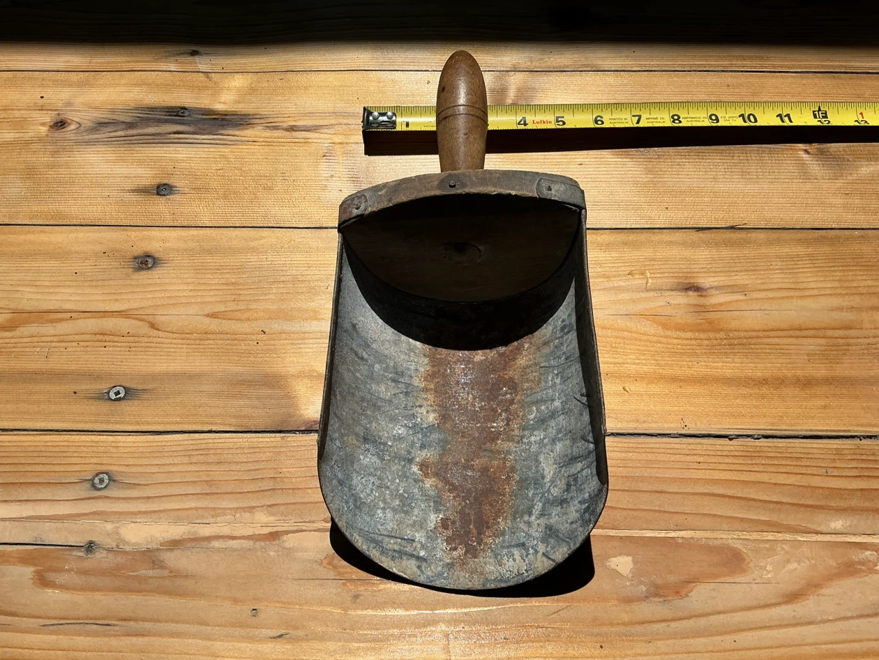 Antique Galvanized Metal Grain Scoop with Wooden Handle !