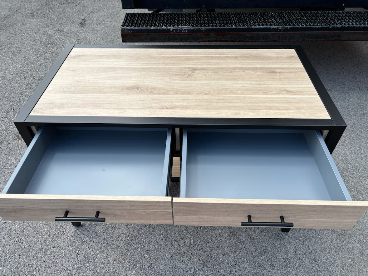 Wood and Black Metal Console Table with Drawers