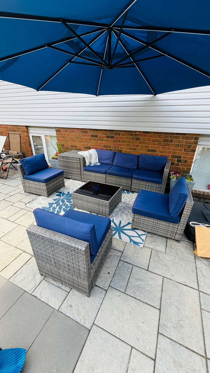 8 Piece Wicker Conversational Set with Blue Cushions