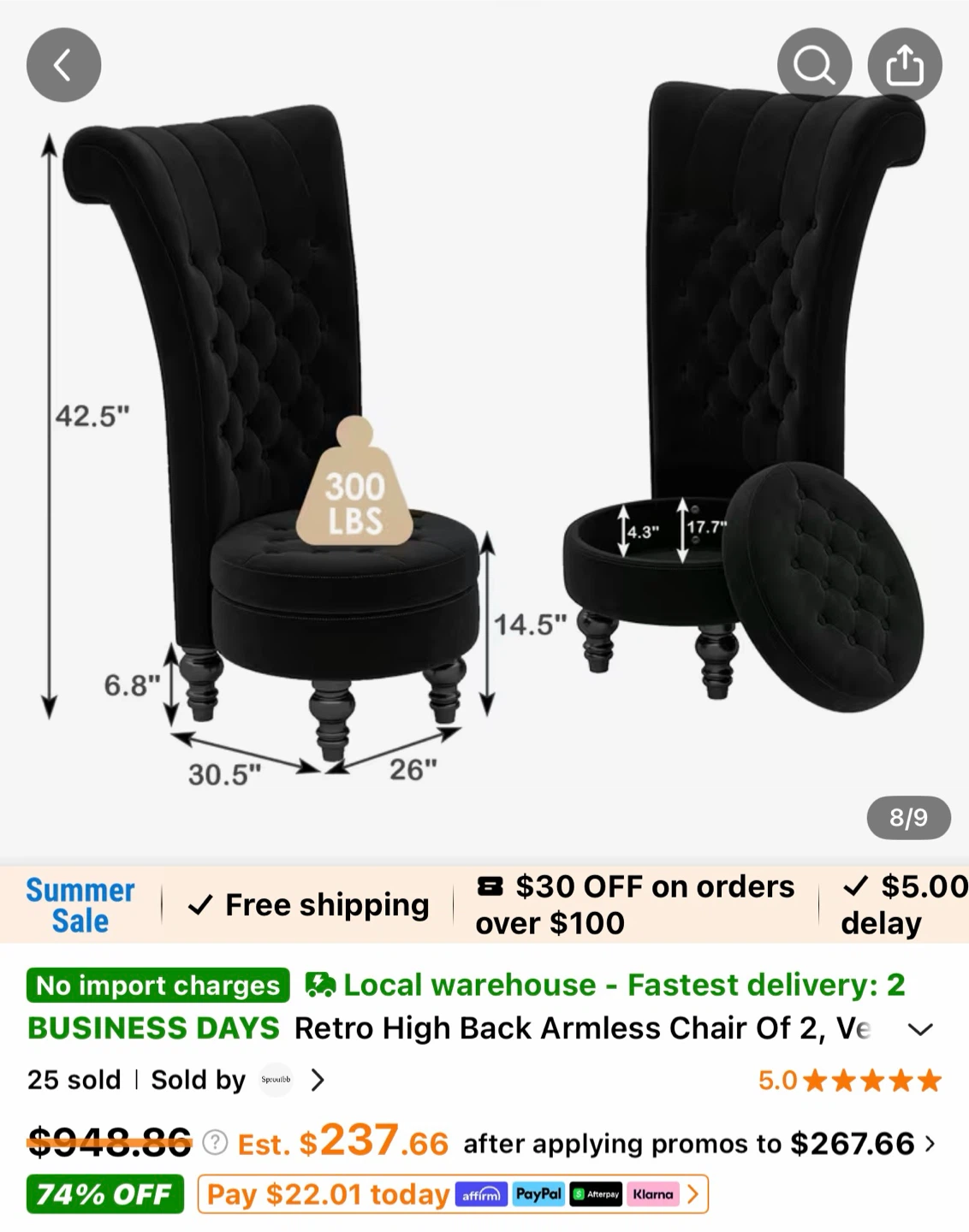Black Retro High Back Armless Chair - photo 2