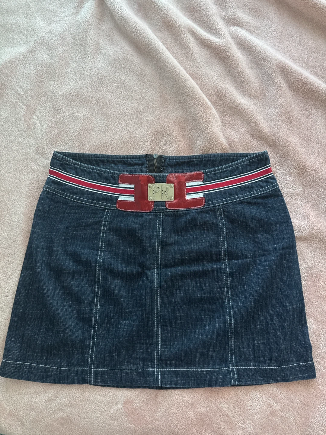PR Jean Skirt with Red and White Stripe Detail