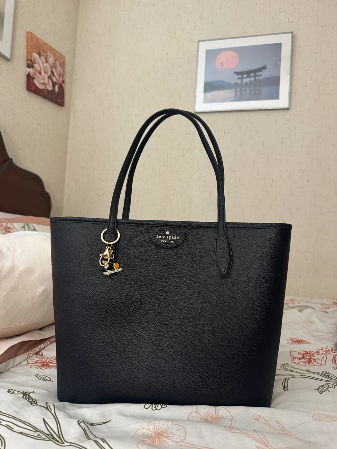 Kate Spade Black Leather Tote Bag with Charm