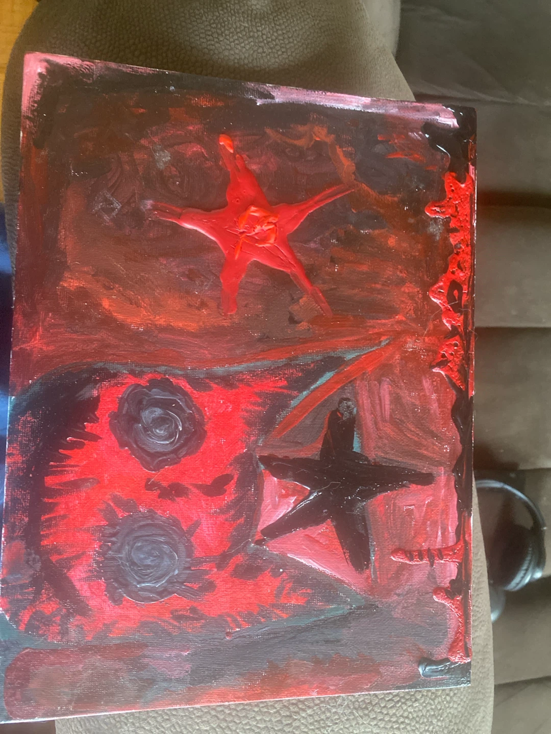 Abstract Painting with Red and Black Stars