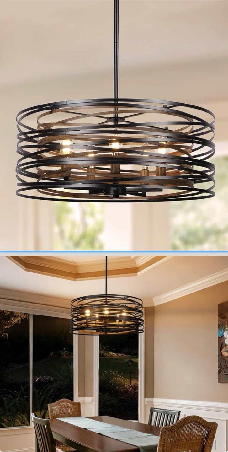 19.7" Farmhouse Drum Chandelier - Black with Retro Wood