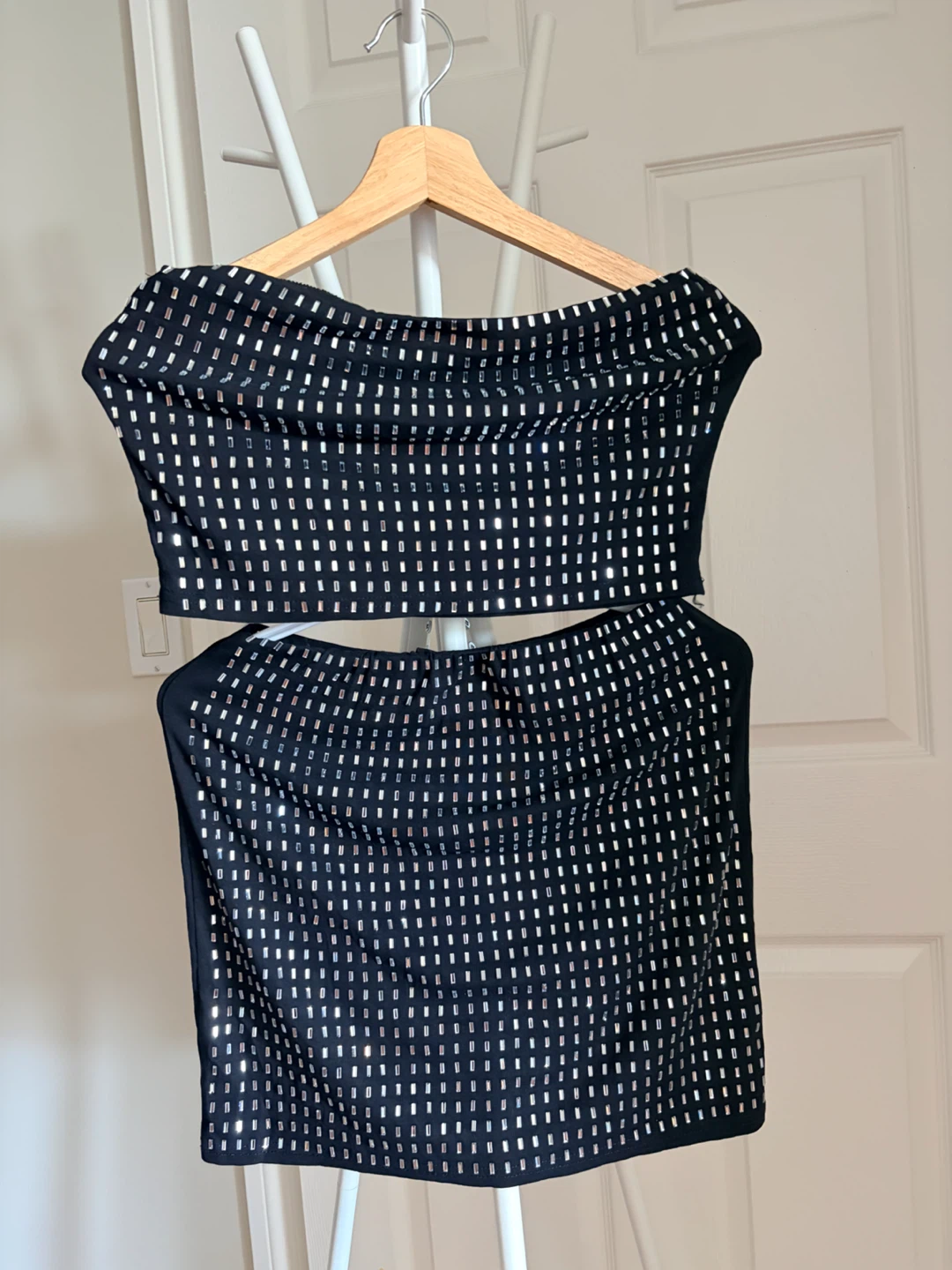 Black Two-Piece Skirt and Tube Top Set with Rhinestones