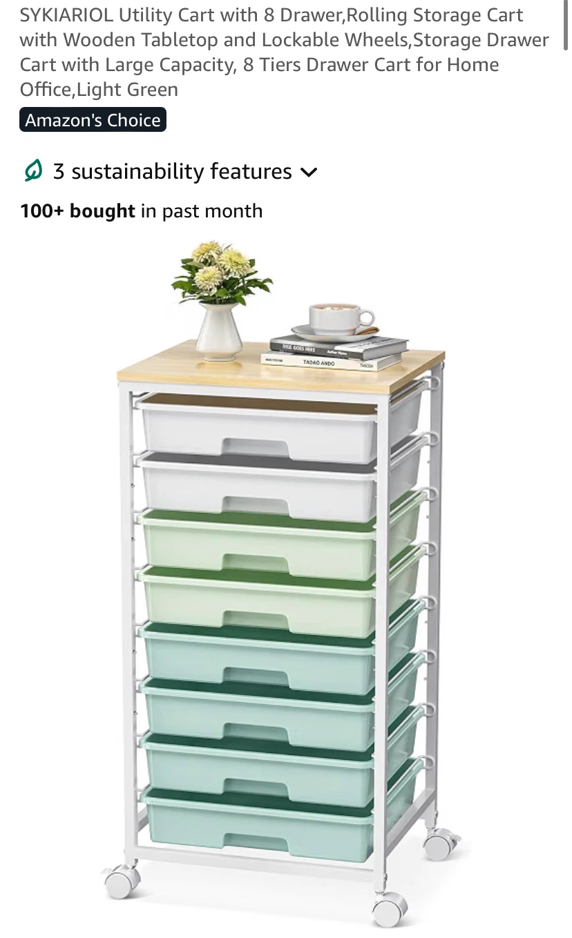 SYKIARIOL Rolling Storage Cart with 8 Drawers
