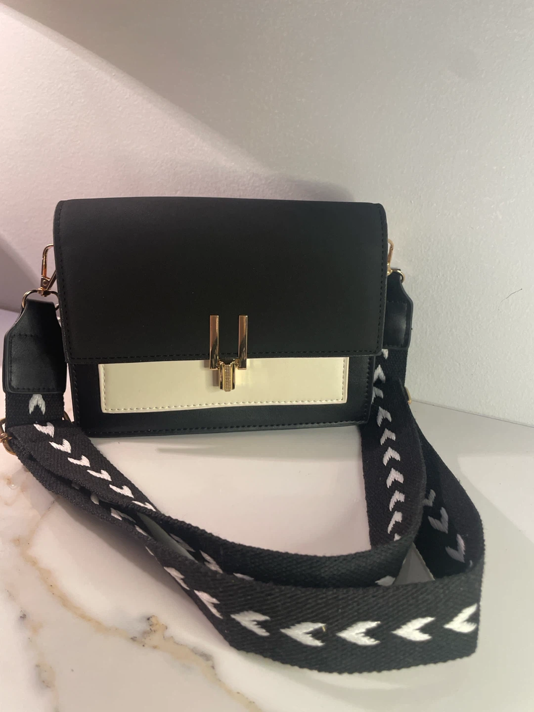 Black and Cream Shoulder Bag with Patterned Strap