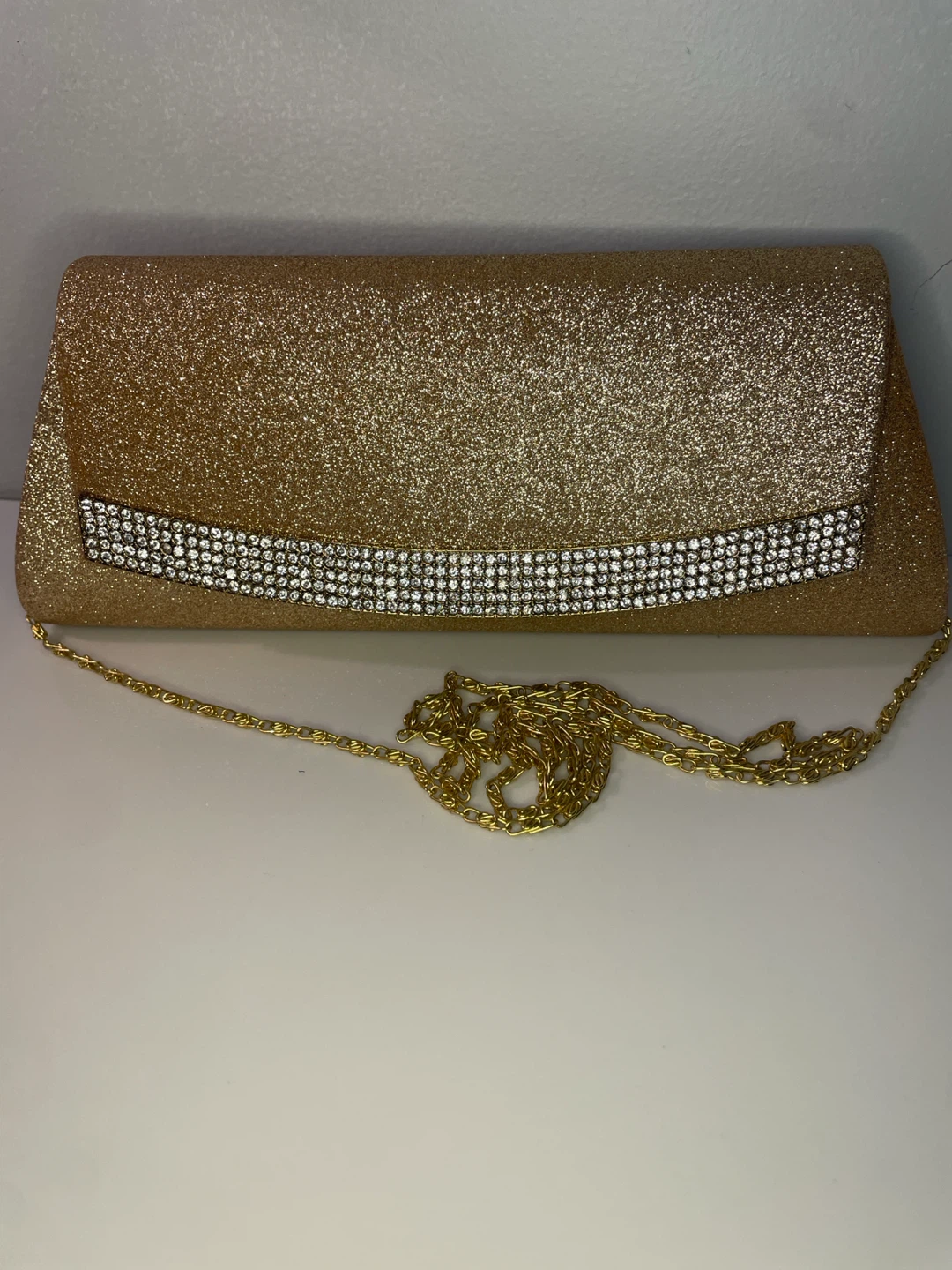 Gold Glitter Clutch with Rhinestones and Chain