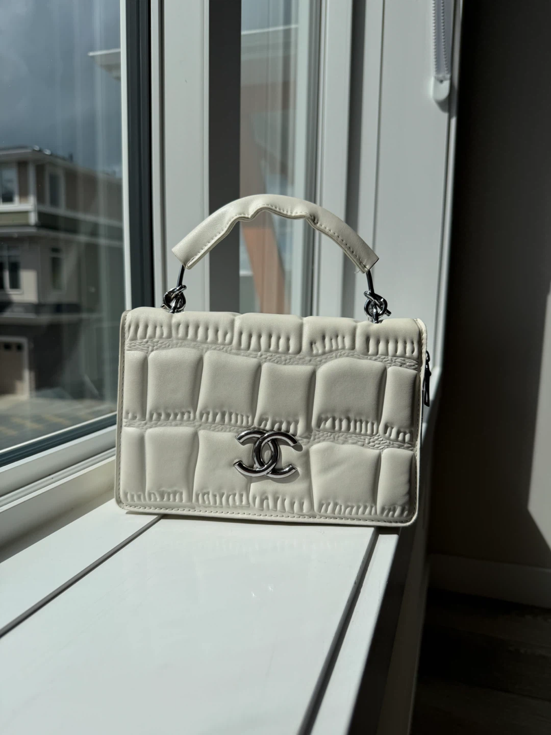 White Quilted Handbag with Chain Strap