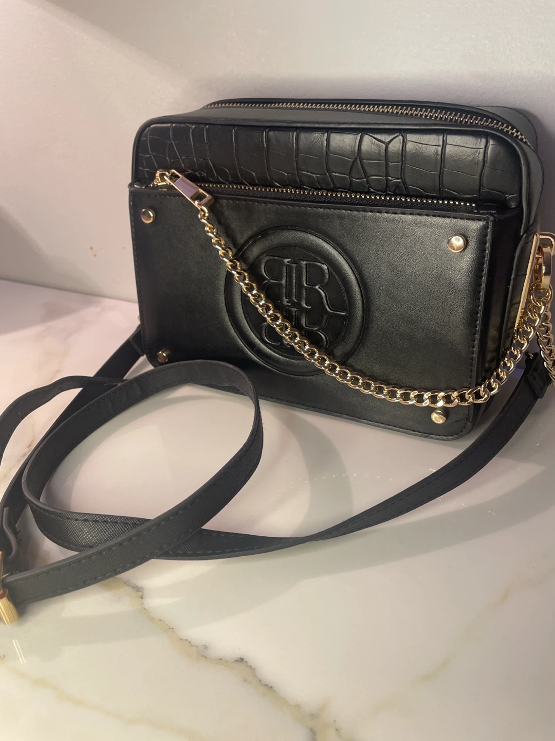Black Faux Croc Crossbody Bag