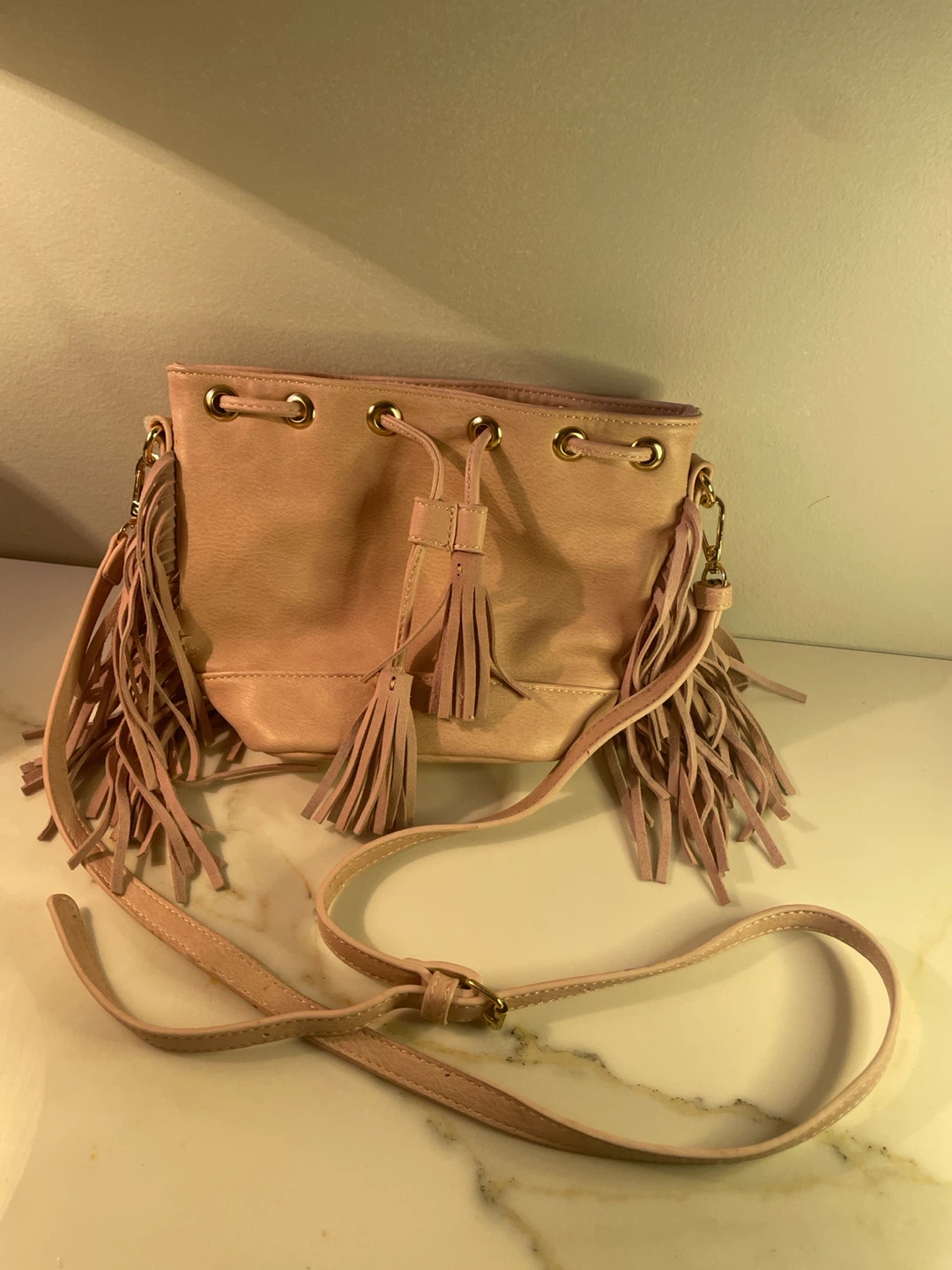 Pink Faux Leather Bucket Bag with Fringe