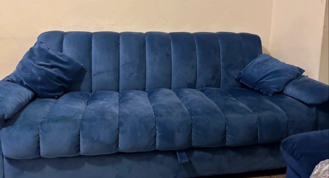 Blue Velvet Sofa with Pillows and storage