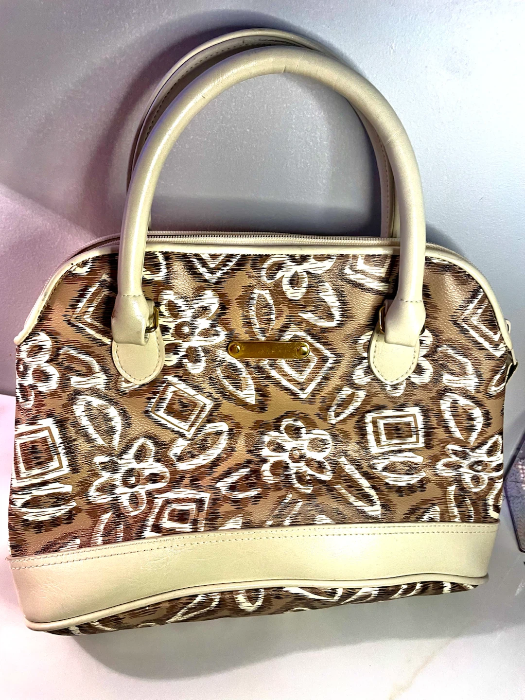 Tan and White Patterned Satchel Handbag