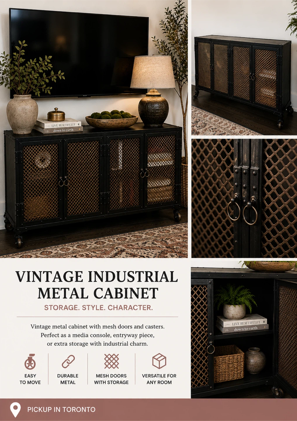Vintage Industrial Metal Cabinet with Mesh Doors & Casters