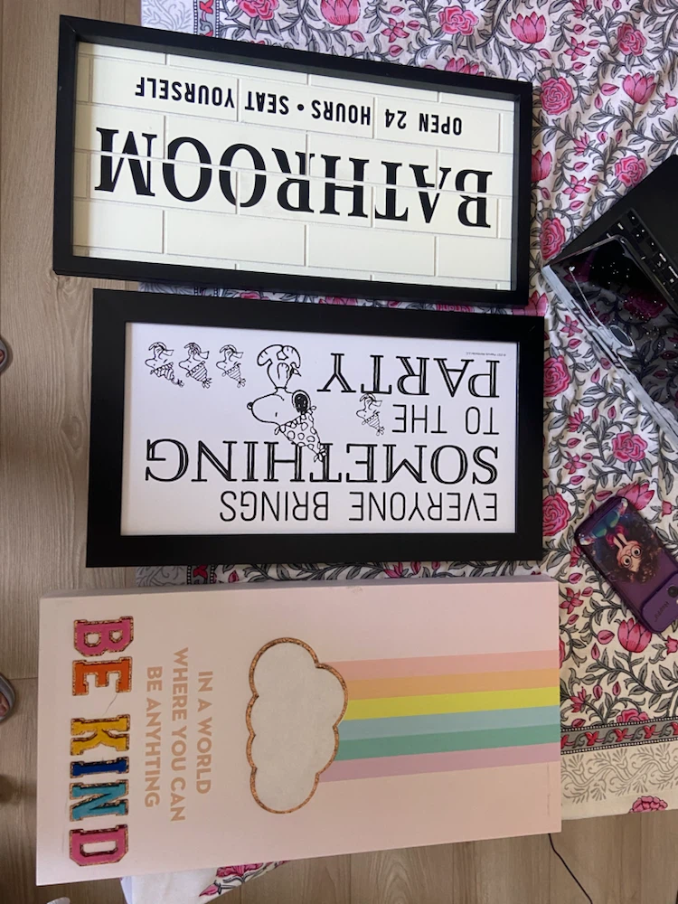 Set of 3 Framed Wall Art - Bathroom, Snoopy, Be Kind