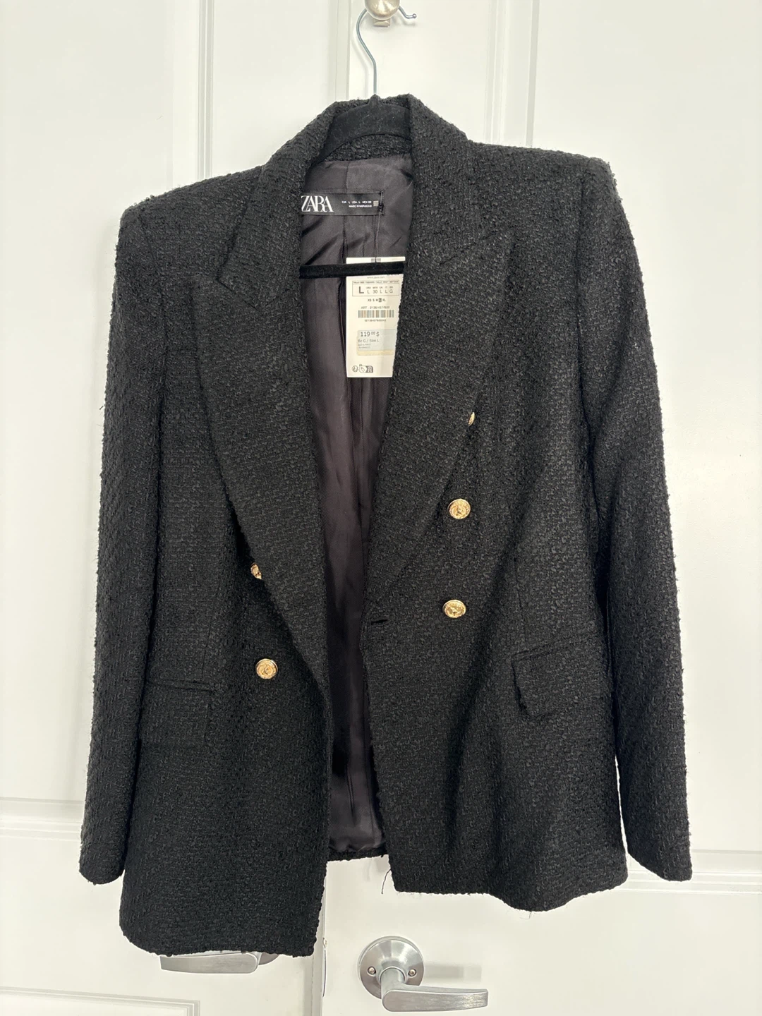 ZARA Black Textured Double-Breasted Blazer - Size L