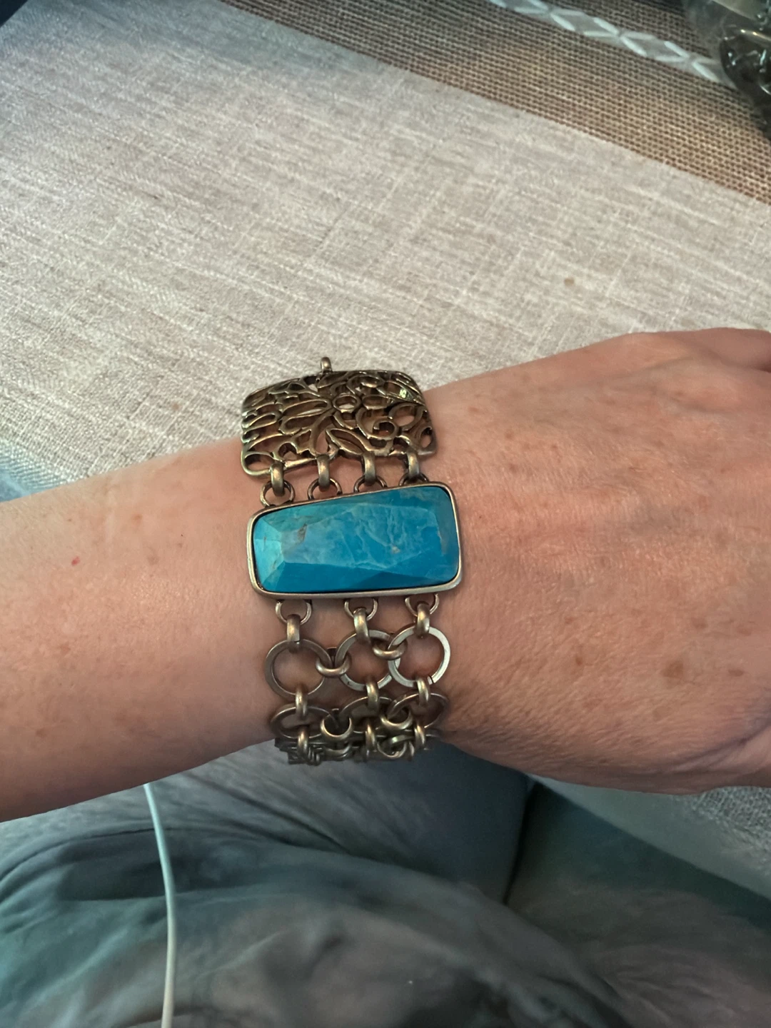 Turquoise & Silver Tone Chain Link Bracelet - photo 2