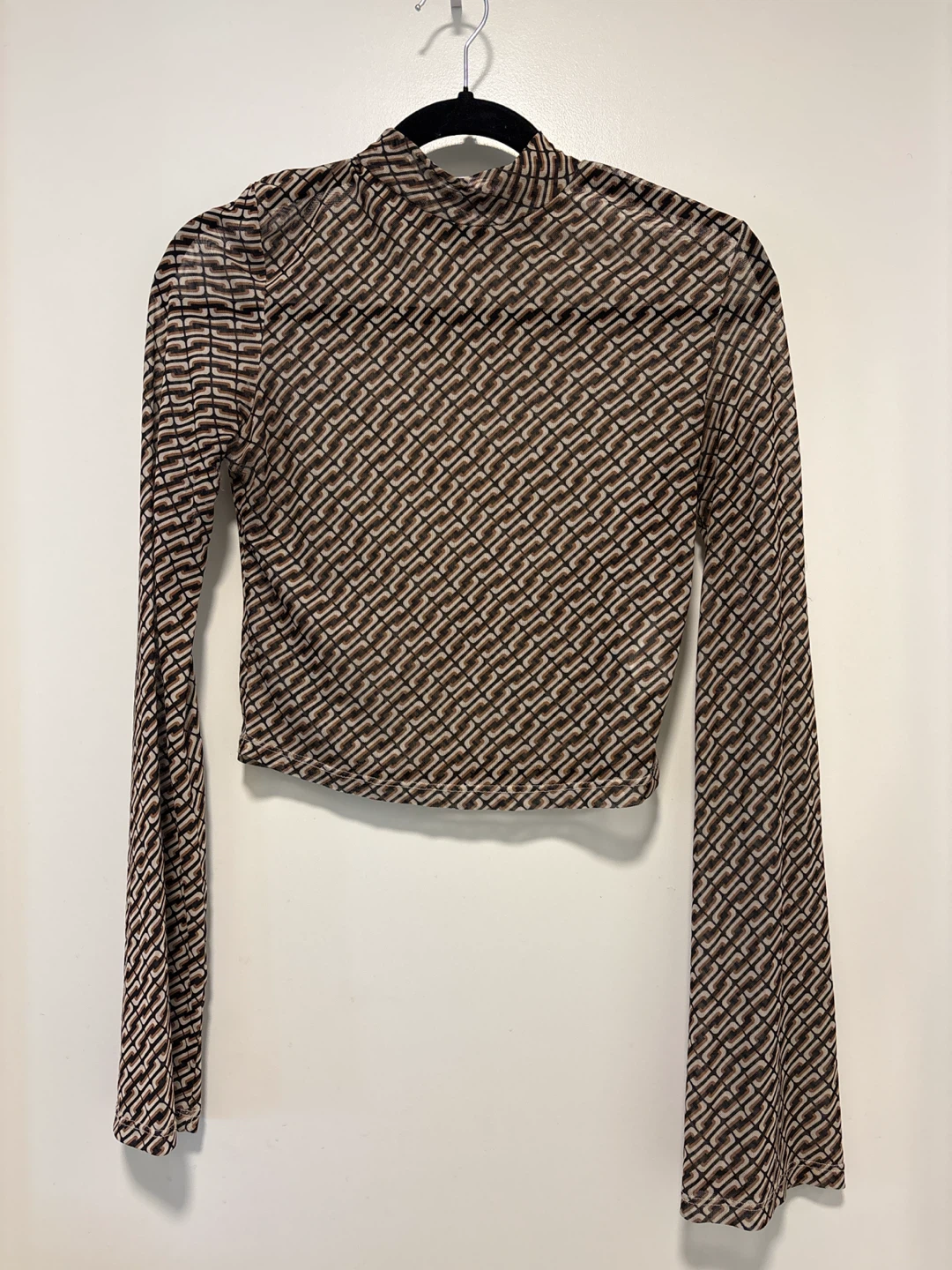 Brown Patterned Long Sleeve Crop Top