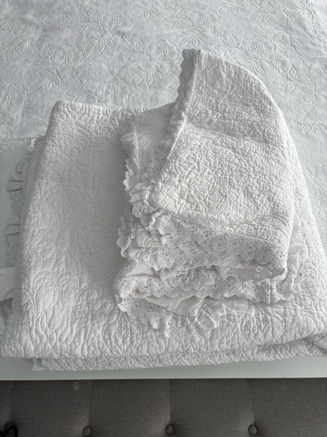 White Quilted Bedspread with Lace Trim