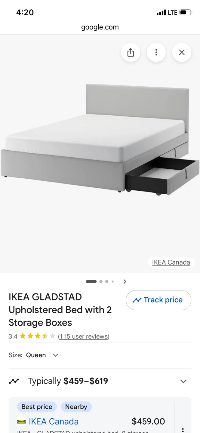 IKEA GLADSTAD Upholstered Bed with 2 Storage Boxes - Queen