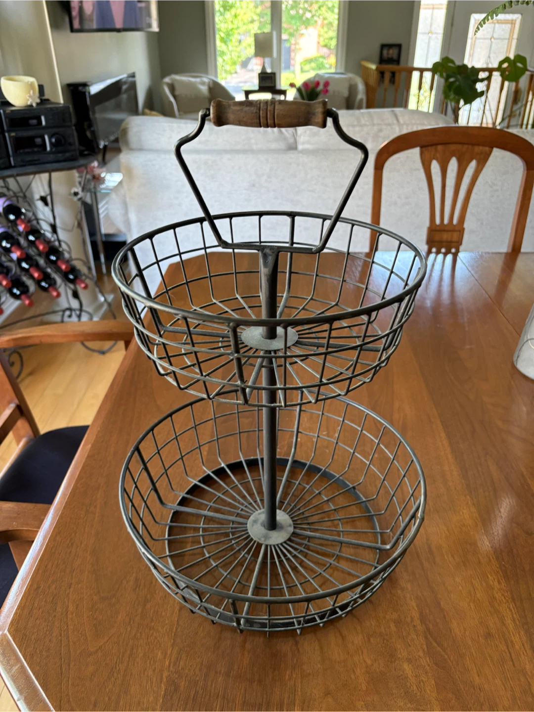 2-Tier Wire Basket Stand with Wooden Handle