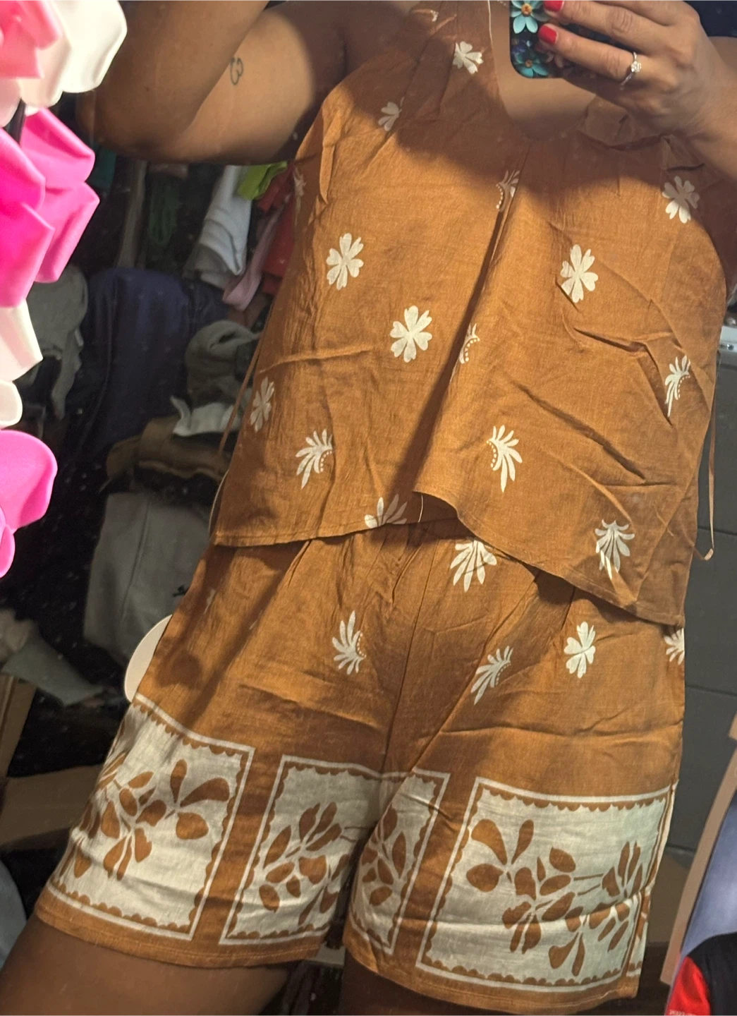 Brown Floral Print Two-Piece Set
